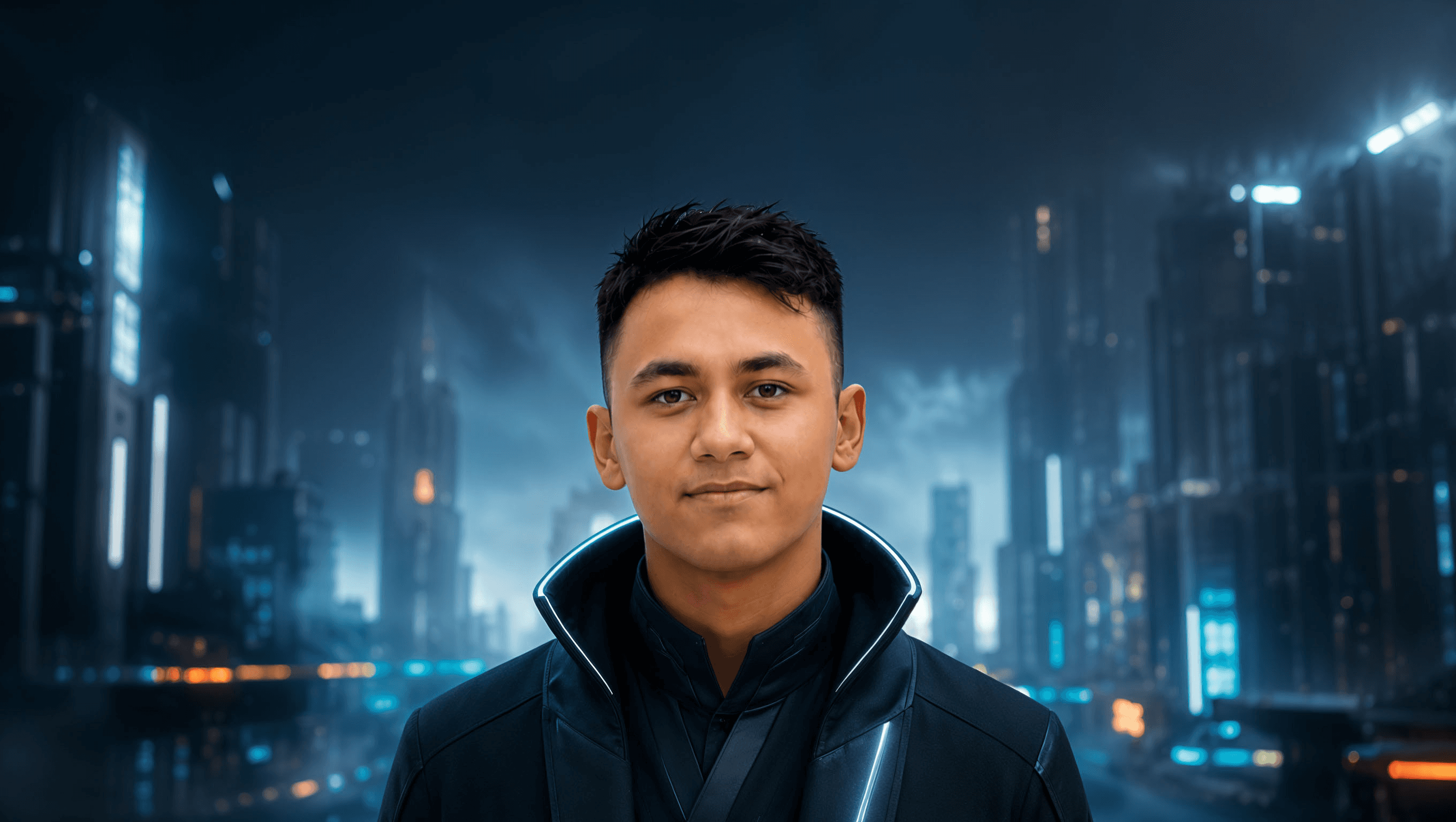 Portrait of Tanvir Ahamed against a neon-lit city skyline at night